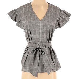 Worthington Plaid Peplum Blouse | Ruffle Short Sleeve Top Women Size XS